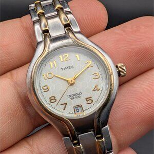 Dainty Timex Gold & Silver Watch: Curved Case, Two Tone Bracelet